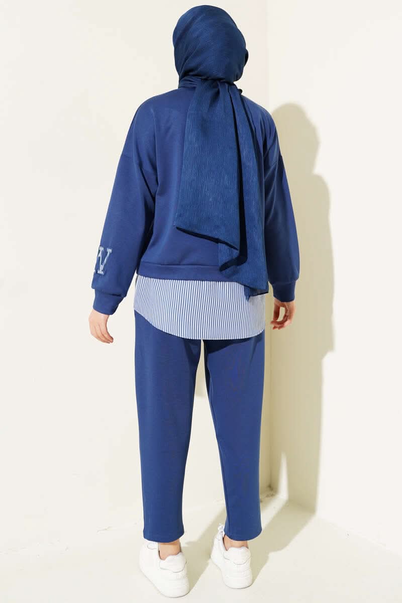 W Baskılı Çizgi Garnili İkili Takım İndigo