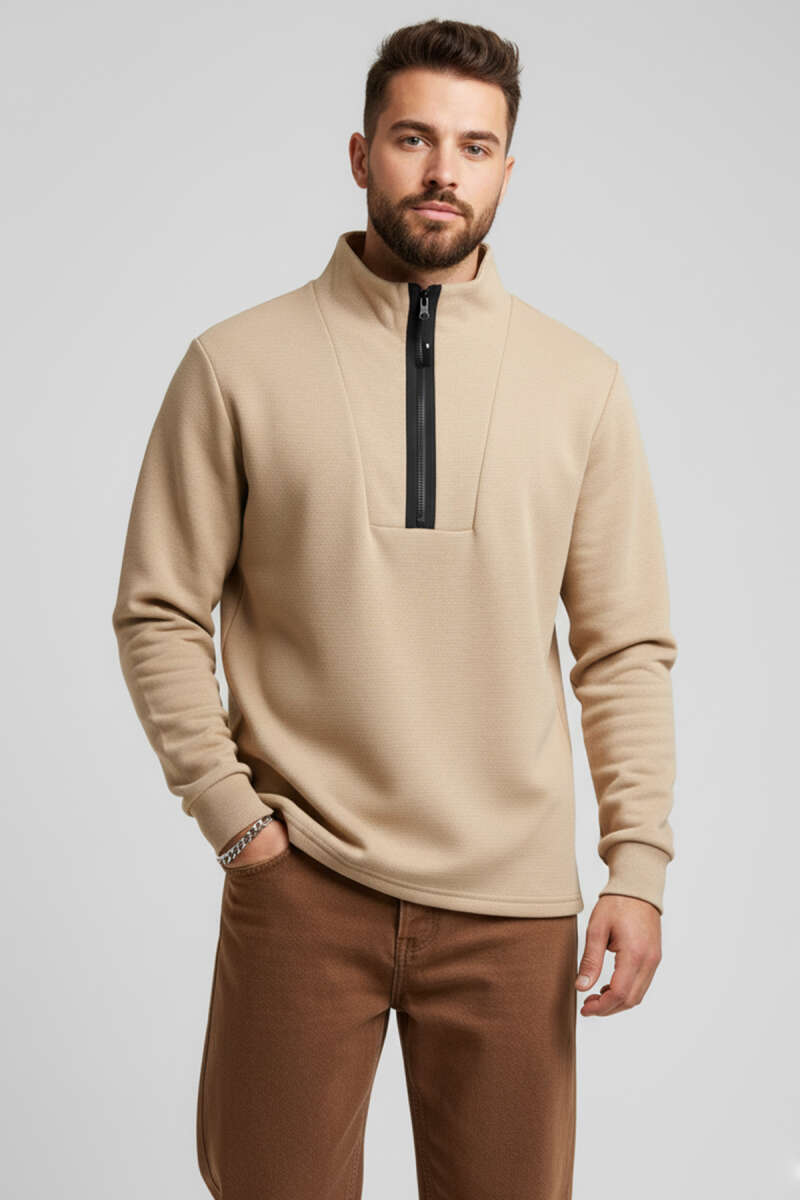 Waffle Fermuarlı Erkek Sweatshirt