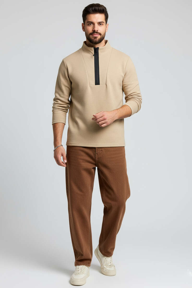 Waffle Fermuarlı Erkek Sweatshirt