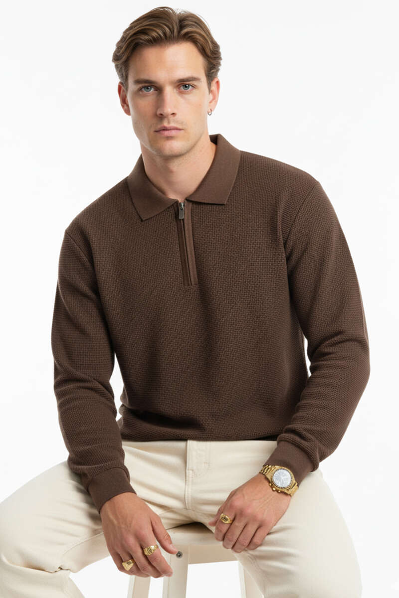 Waffle Kumaş Polo Yaka Erkek Sweatshirt