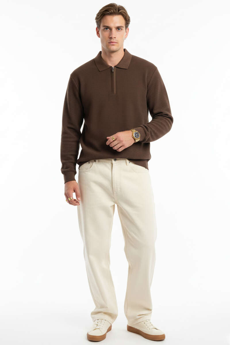 Waffle Kumaş Polo Yaka Erkek Sweatshirt