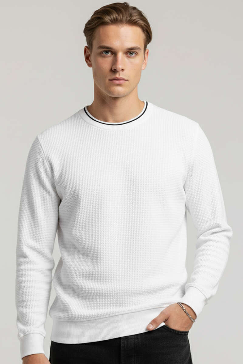 Waffle Nakışlı Triko Sweatshirt