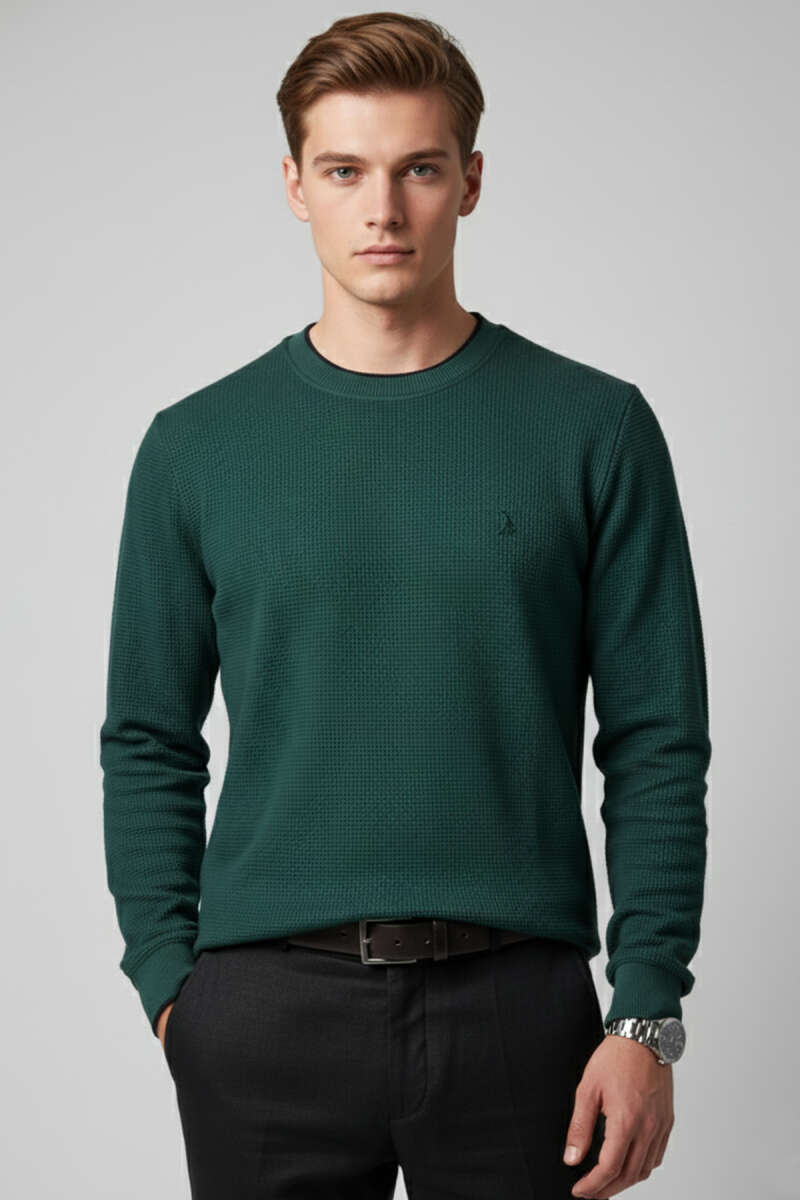 Waffle Nakışlı Triko Sweatshirt