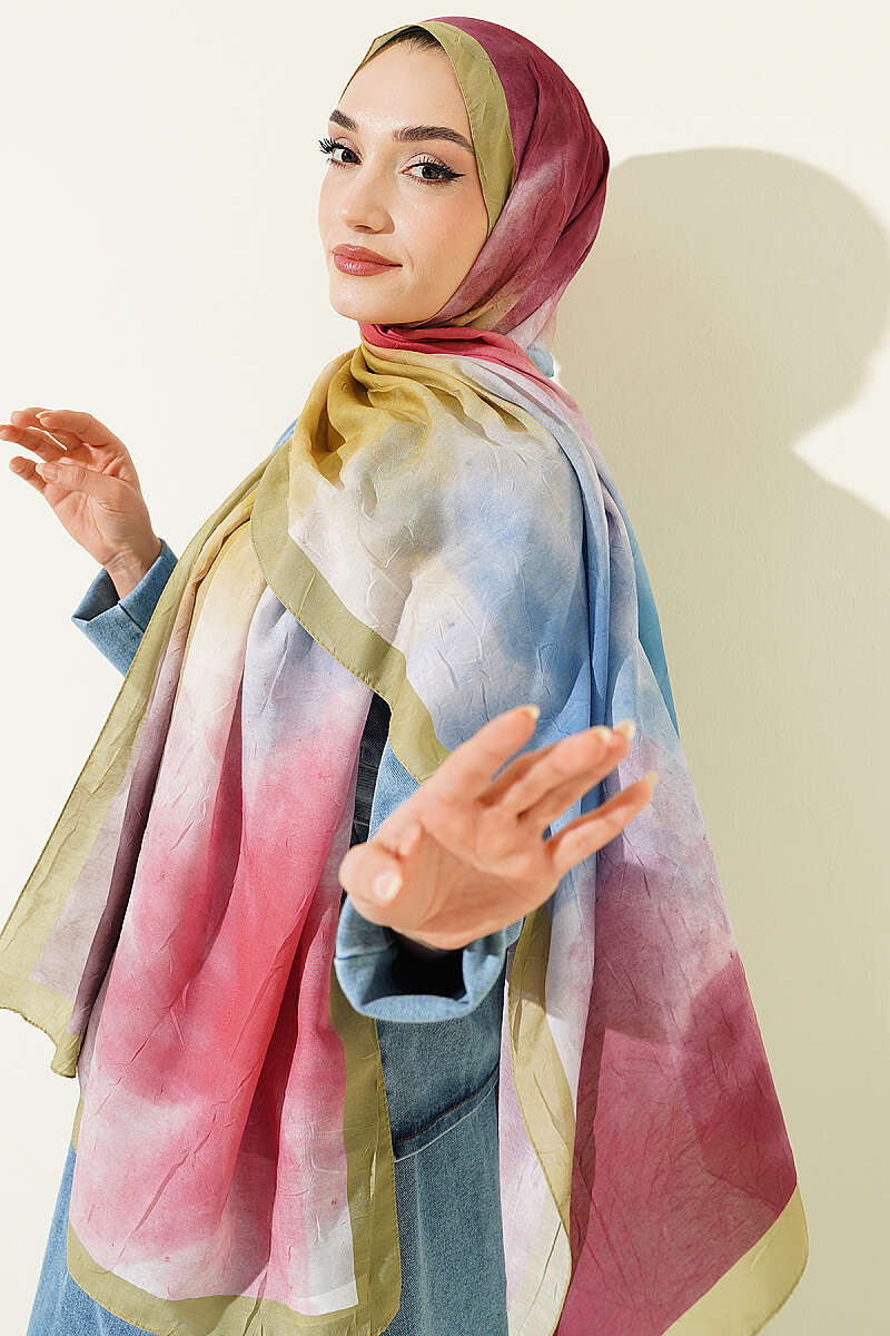 Watercolor Desen Bambu Kraş Şal Çağla Yeşili