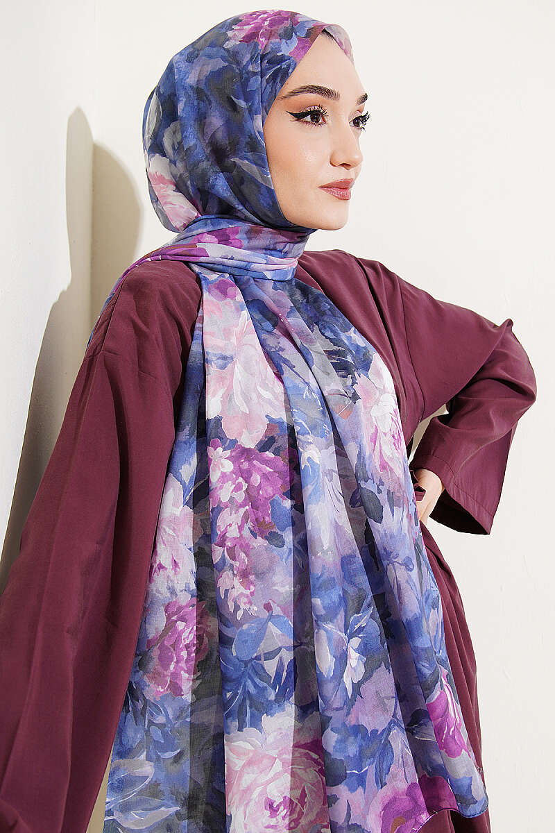 Watercolor Flower Desen Şal Lacivert