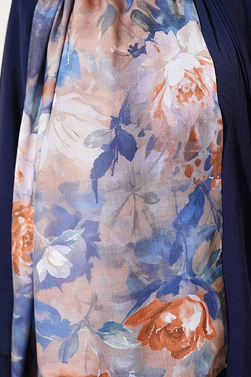 Watercolor Flower Desen Şal Mavi