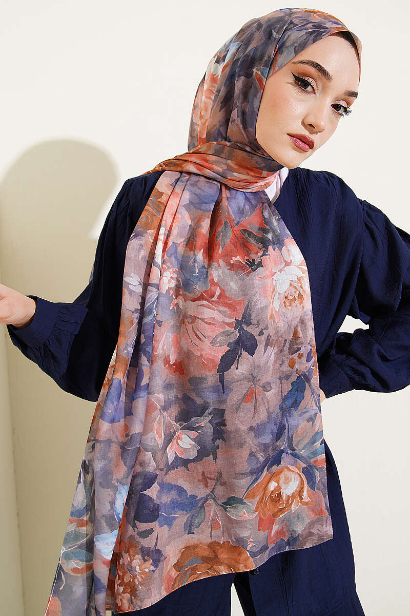 Watercolor Flower Desen Şal Mavi Somon