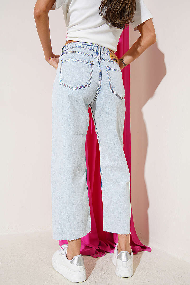 Wide Leg Kesik Paça Kot Pantolon Açık Kar