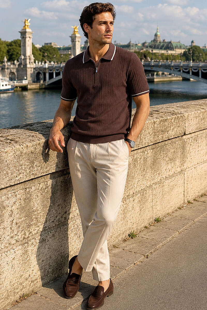 Polo Yaka Yarım Fermuarlı Merserize Erkek T-shirt