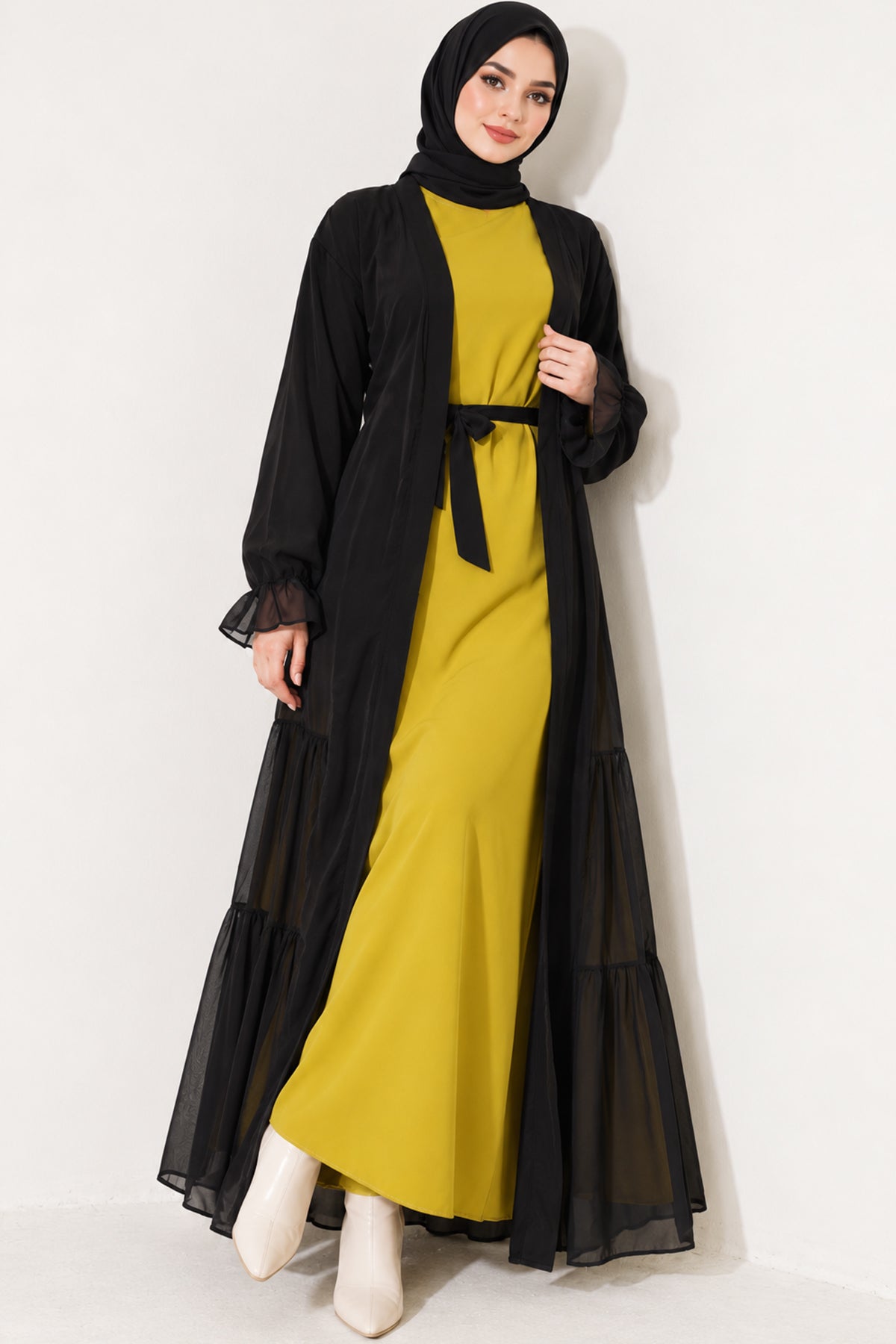 Pleated Abaya Set with Gathered Detail Oil Green