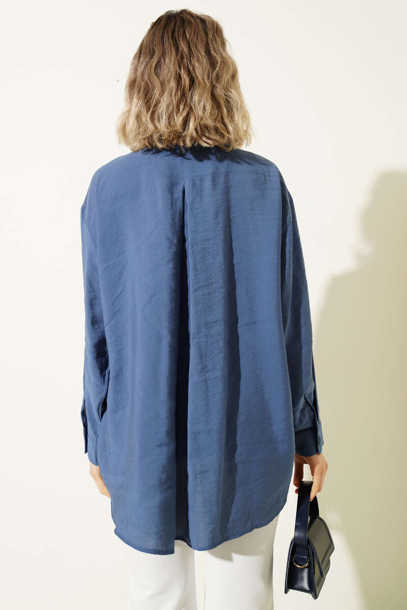 Yaka Cepli Oversize Gömlek İndigo