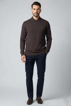 Yaka Detaylı Yarım Fermuar Selanik Erkek Sweatshirt Acı Kahve