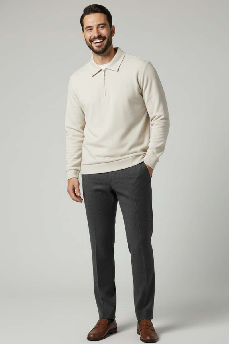 Yaka Detaylı Yarım Fermuar Selanik Erkek Sweatshirt