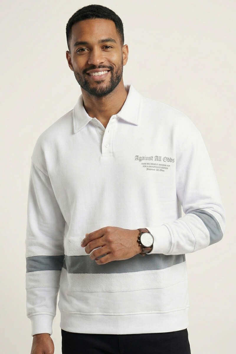 Yaka Düğmeli Biyeli Erkek Sweatshirt