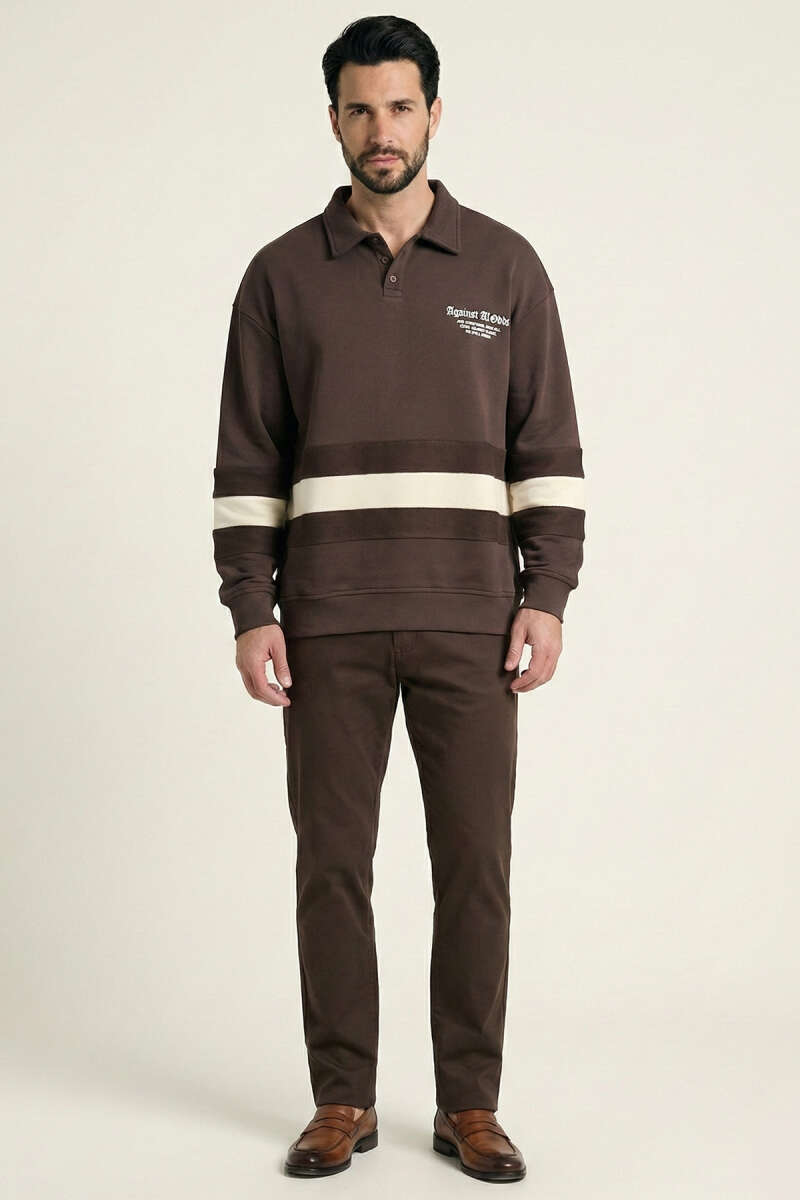 Yaka Düğmeli Biyeli Erkek Sweatshirt