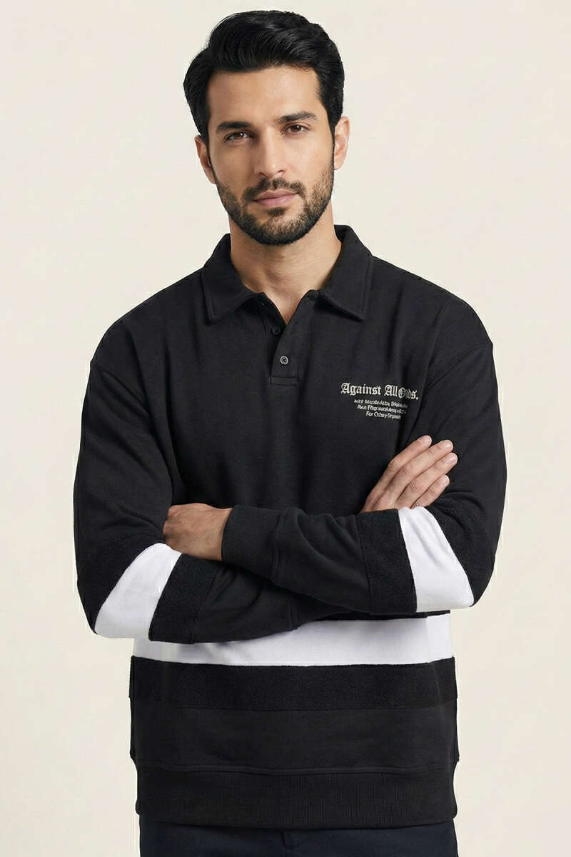 Yaka Düğmeli Biyeli Erkek Sweatshirt
