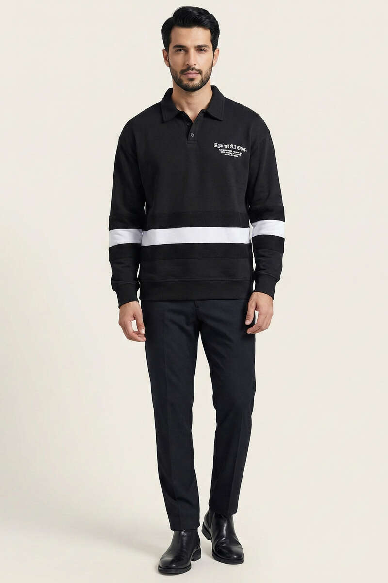 Yaka Düğmeli Biyeli Erkek Sweatshirt