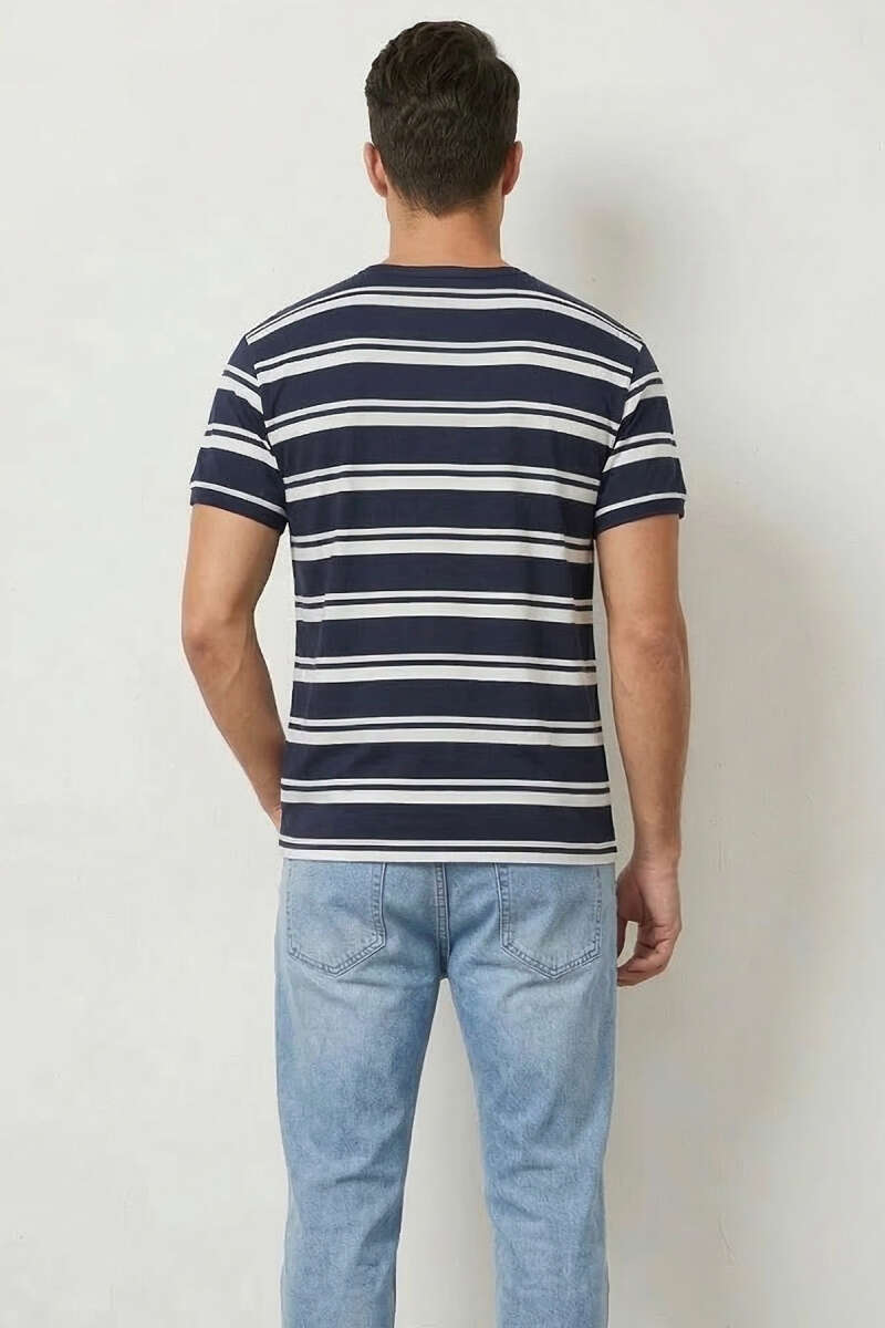 Yaka Düğmeli Çizgili Triko Erkek T-shirt Lacivert
