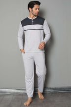 Collar Buttoned Long Sleeve Men's Pajama Set