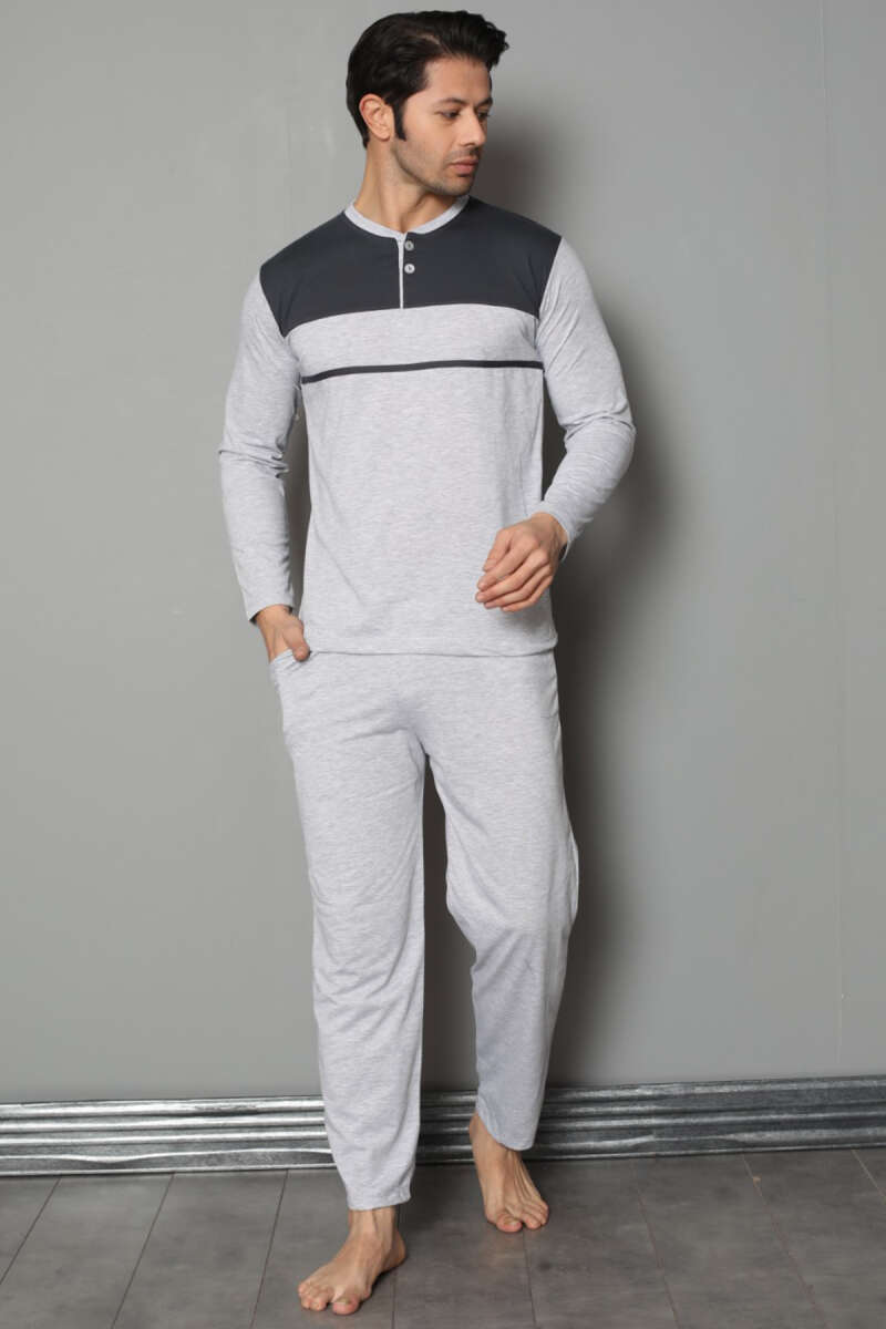 Collar Buttoned Long Sleeve Men's Pajama Set