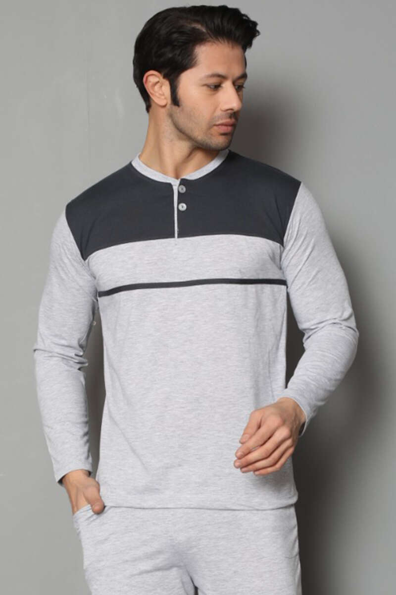Collar Buttoned Long Sleeve Men's Pajama Set