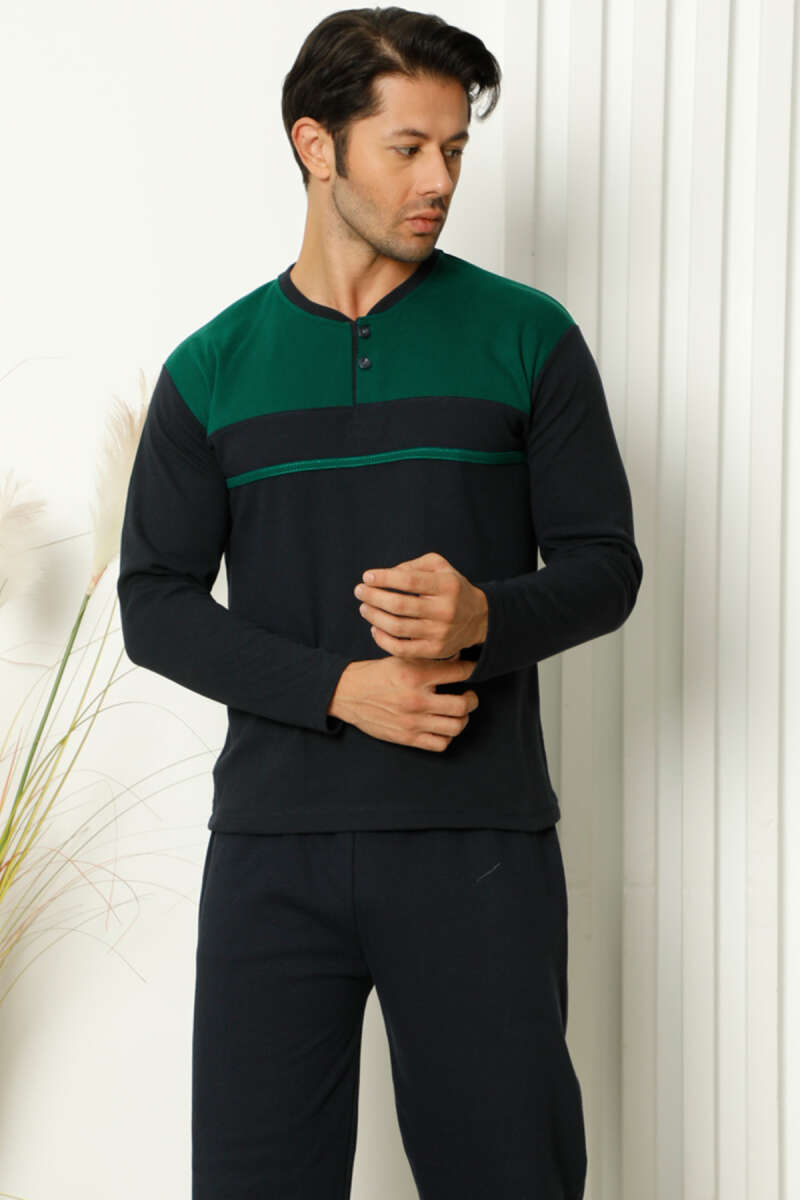 Collar Buttoned Long Sleeve Men's Pajama Set