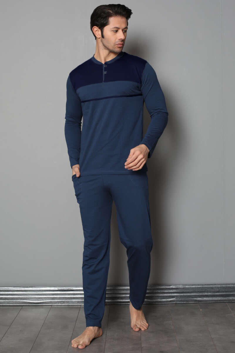 Collar Buttoned Long Sleeve Men's Pajama Set