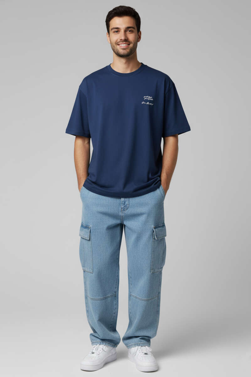 Yaka Enjeksiyon Baskı Yazılı Erkek T-shirt İndigo