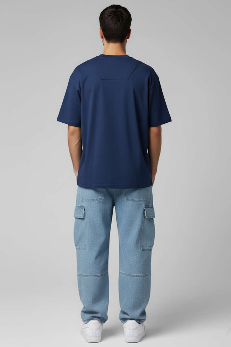 Yaka Enjeksiyon Baskı Yazılı Erkek T-shirt İndigo