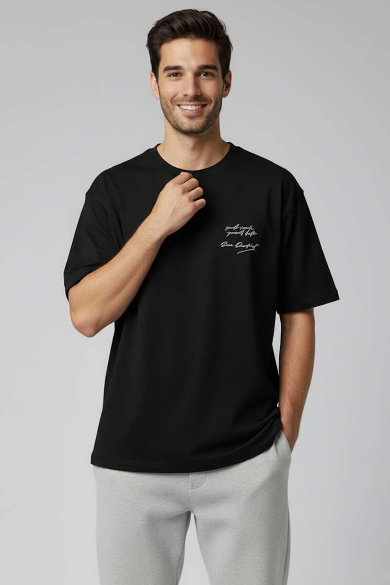 Yaka Enjeksiyon Baskı Yazılı Erkek T-shirt Siyah