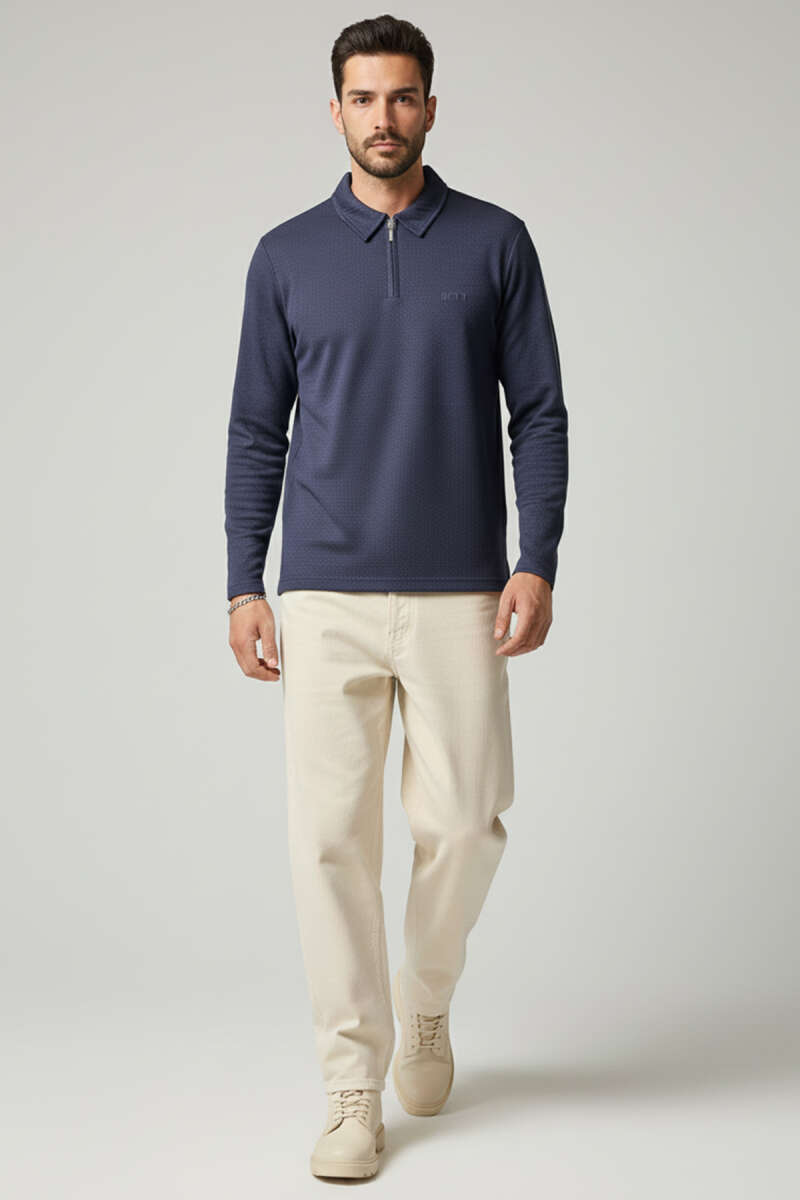Yaka Fermuarlı Basic Erkek Sweatshirt