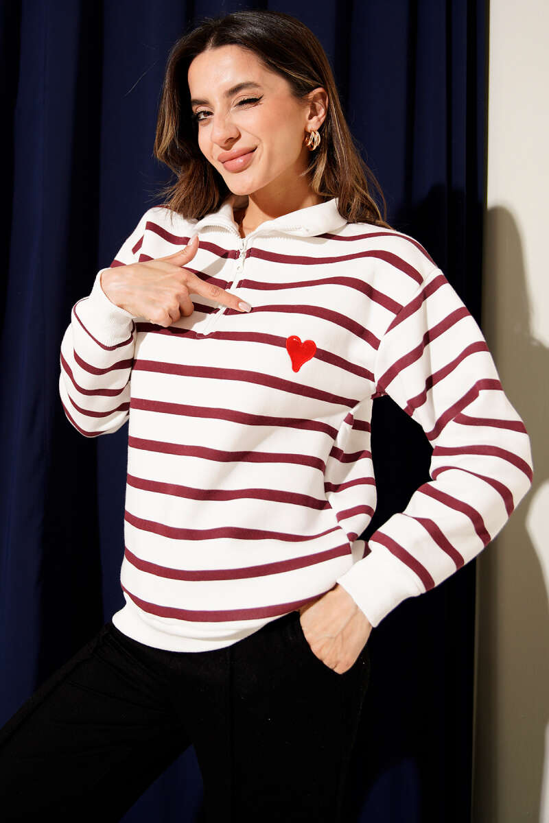 Yaka Fermuarlı Çizgili Üç İplik Sweatshirt