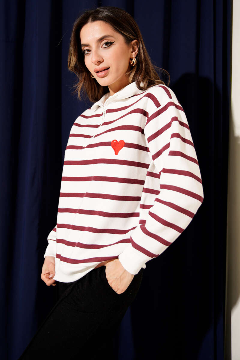 Yaka Fermuarlı Çizgili Üç İplik Sweatshirt