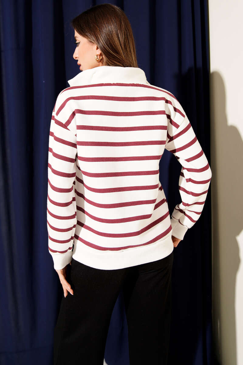 Yaka Fermuarlı Çizgili Üç İplik Sweatshirt