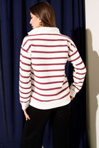 Yaka Fermuarlı Çizgili Üç İplik Sweatshirt