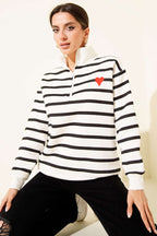 Yaka Fermuarlı Çizgili Üç İplik Sweatshirt