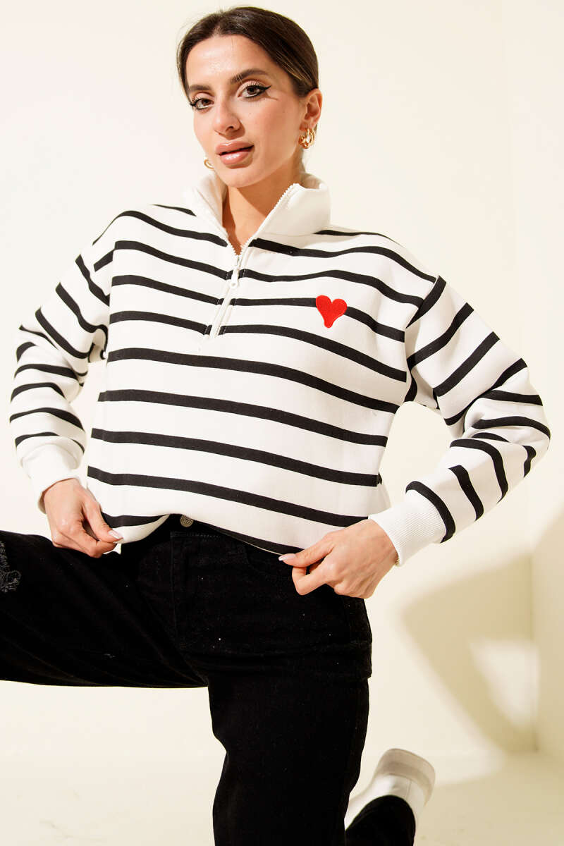 Yaka Fermuarlı Çizgili Üç İplik Sweatshirt