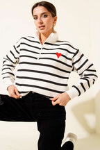 Yaka Fermuarlı Çizgili Üç İplik Sweatshirt