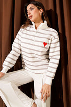 Yaka Fermuarlı Çizgili Üç İplik Sweatshirt