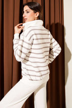 Yaka Fermuarlı Çizgili Üç İplik Sweatshirt
