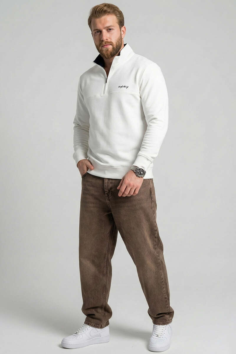 Yaka Fermuarlı İki İplik Erkek Sweatshirt