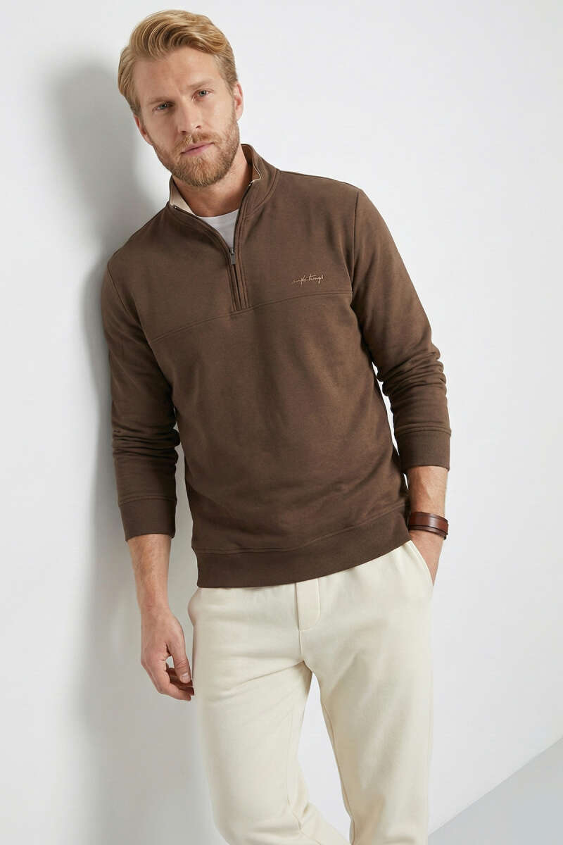 Yaka Fermuarlı İki İplik Erkek Sweatshirt