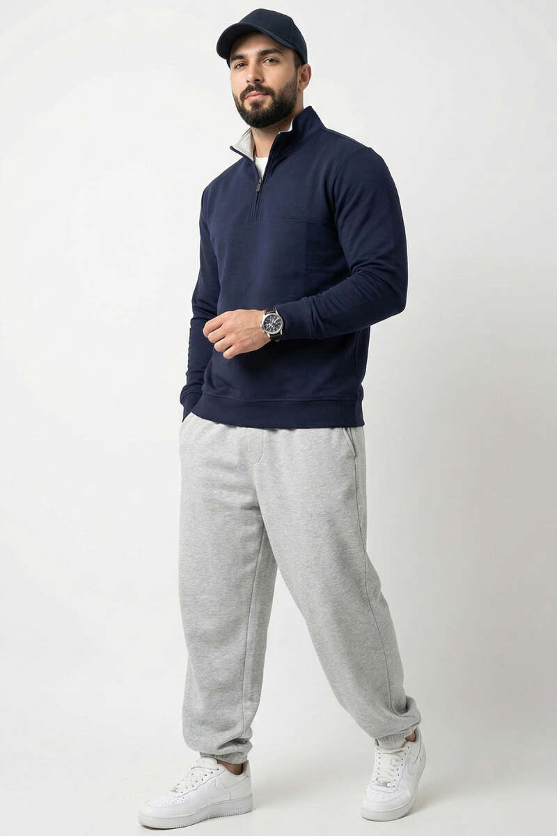 Yaka Fermuarlı İki İplik Erkek Sweatshirt