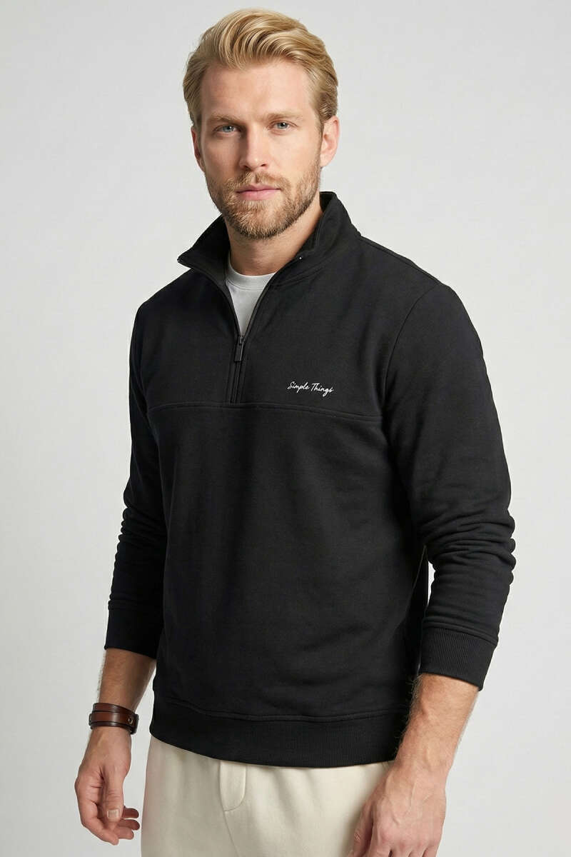 Yaka Fermuarlı İki İplik Erkek Sweatshirt