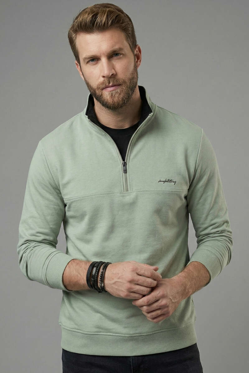 Yaka Fermuarlı İki İplik Erkek Sweatshirt