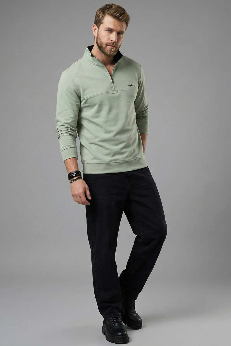 Yaka Fermuarlı İki İplik Erkek Sweatshirt
