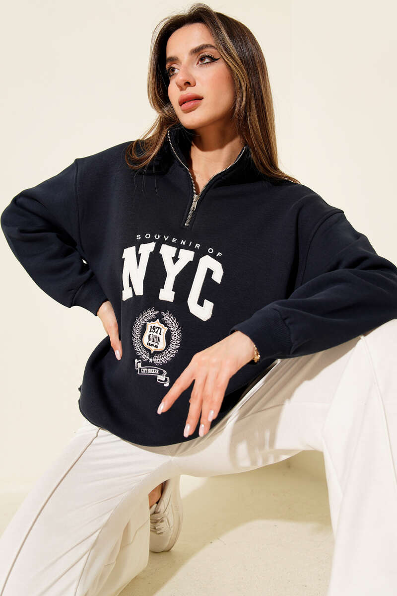 Yaka Fermuarlı Nyc Baskılı Sweatshirt