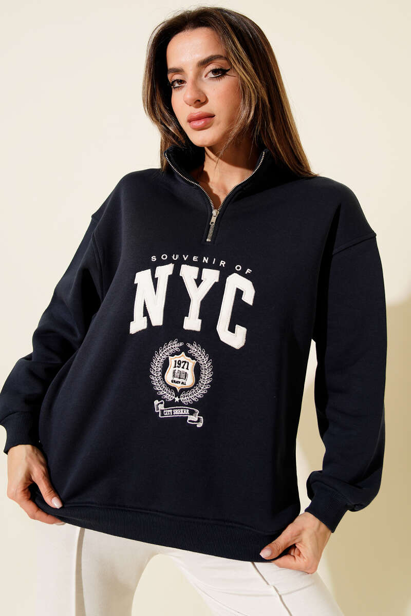 Yaka Fermuarlı Nyc Baskılı Sweatshirt