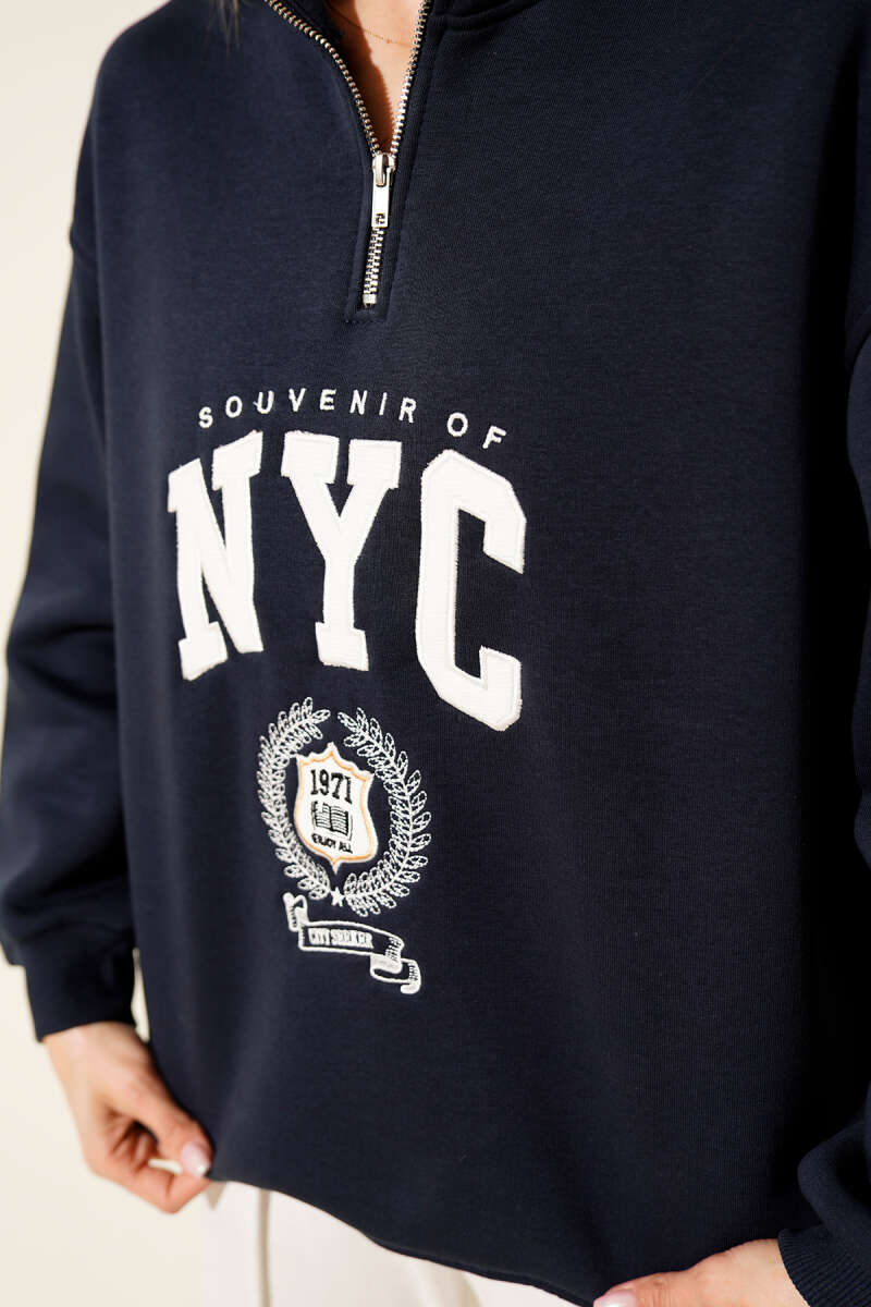 Yaka Fermuarlı Nyc Baskılı Sweatshirt