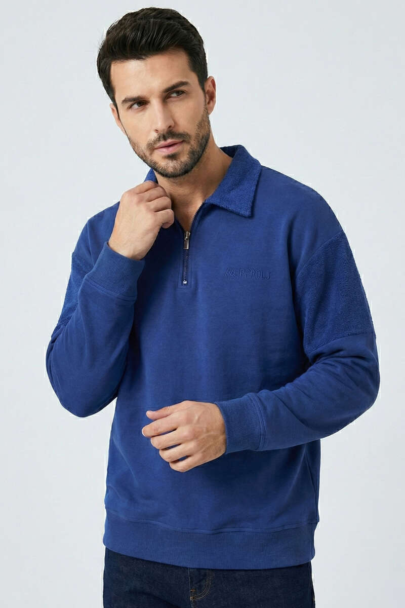 Yaka Fermuarlı Ribanalı Erkek Sweatshirt